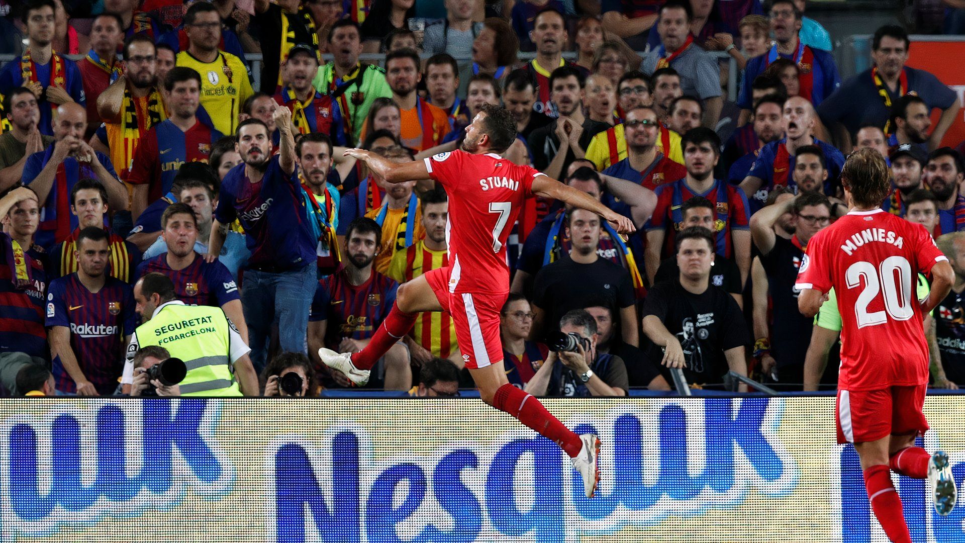 Girona's Cristhian Stuani scores vs Barcelona in La Liga at the Camp Nou