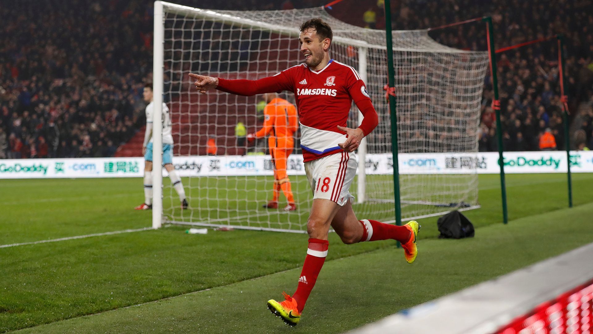 Middlesbrough's Cristhian Stuani celebrates scoring goal vs West Ham United at the Riverside Stadium in the Premier League