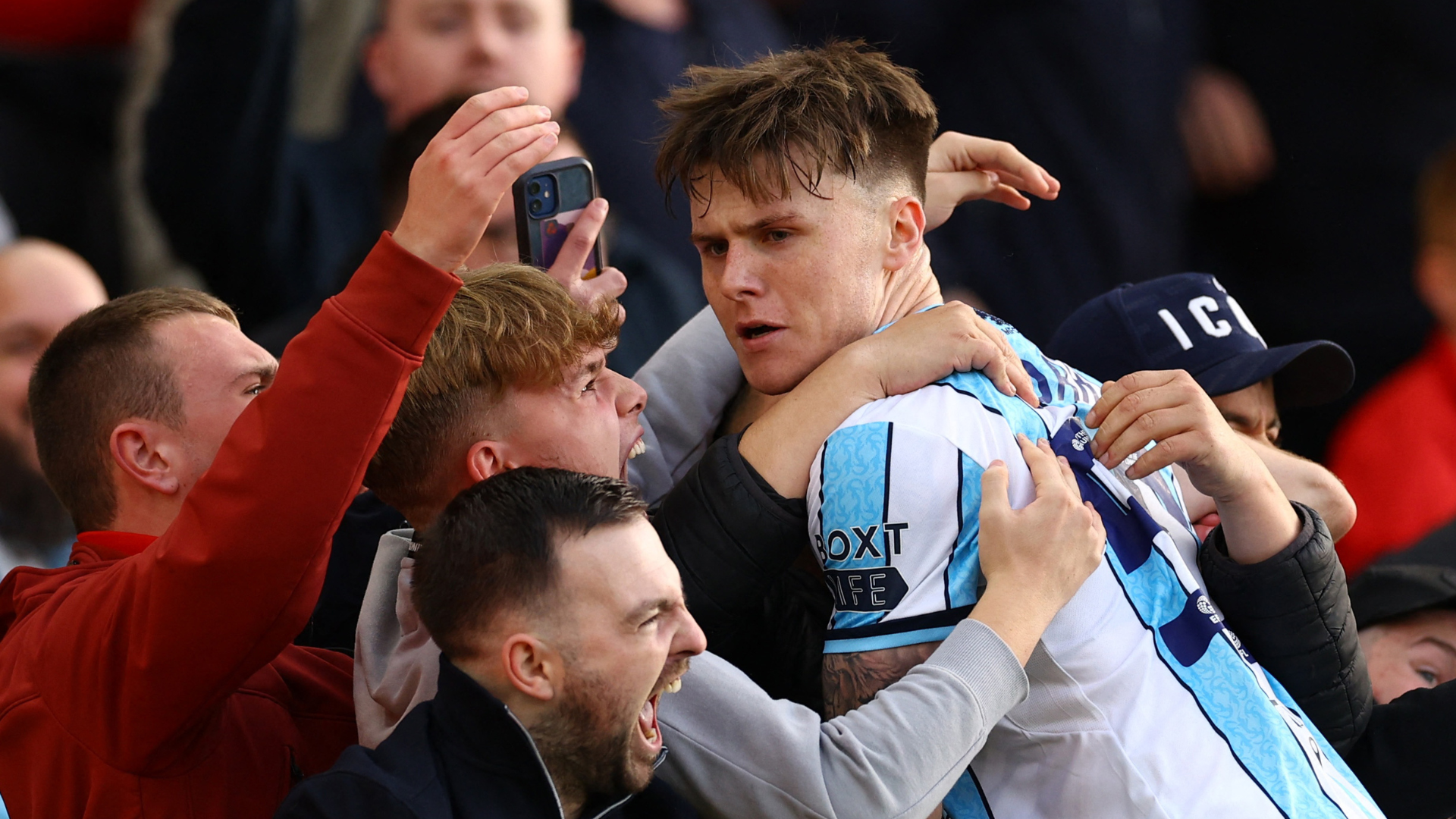 Ben Doak celebrates with Middlesbrough supporters