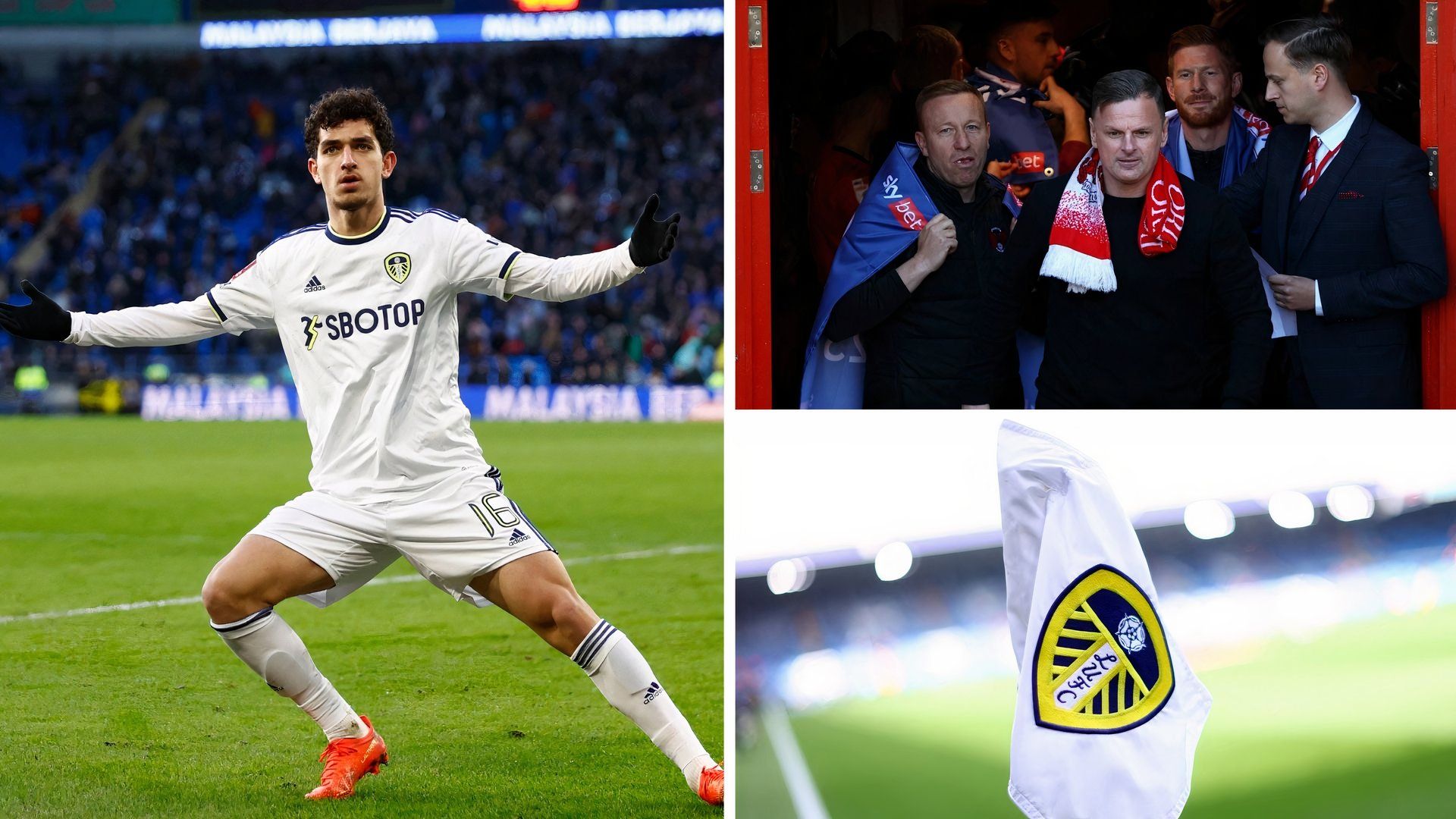 Image of Sonny Perkins, Richie Wellens and Leeds United flag