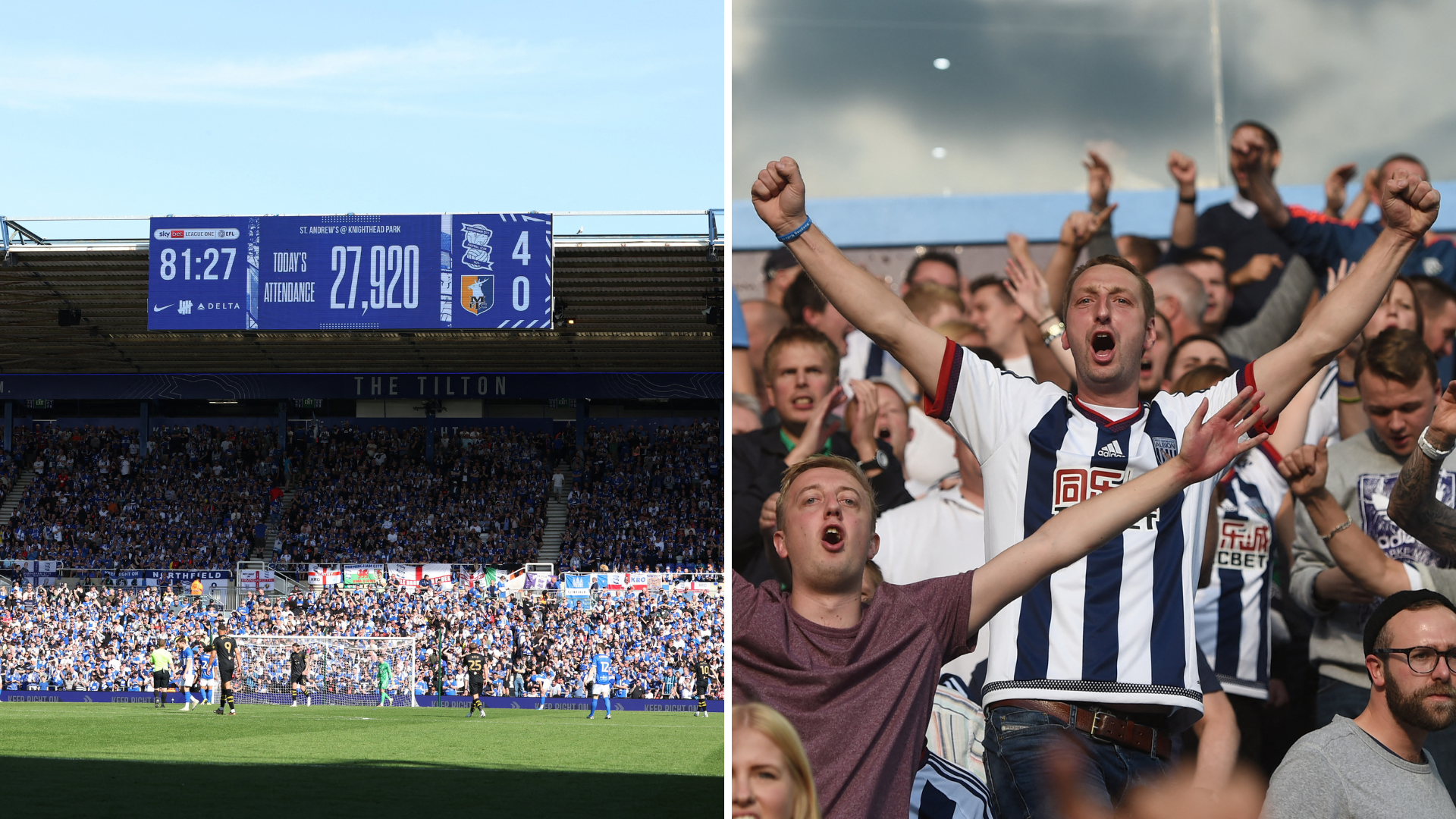 The scoreboard at St Andrews reporting a match attendance and a West Bromwich Albion supporter with his arms out