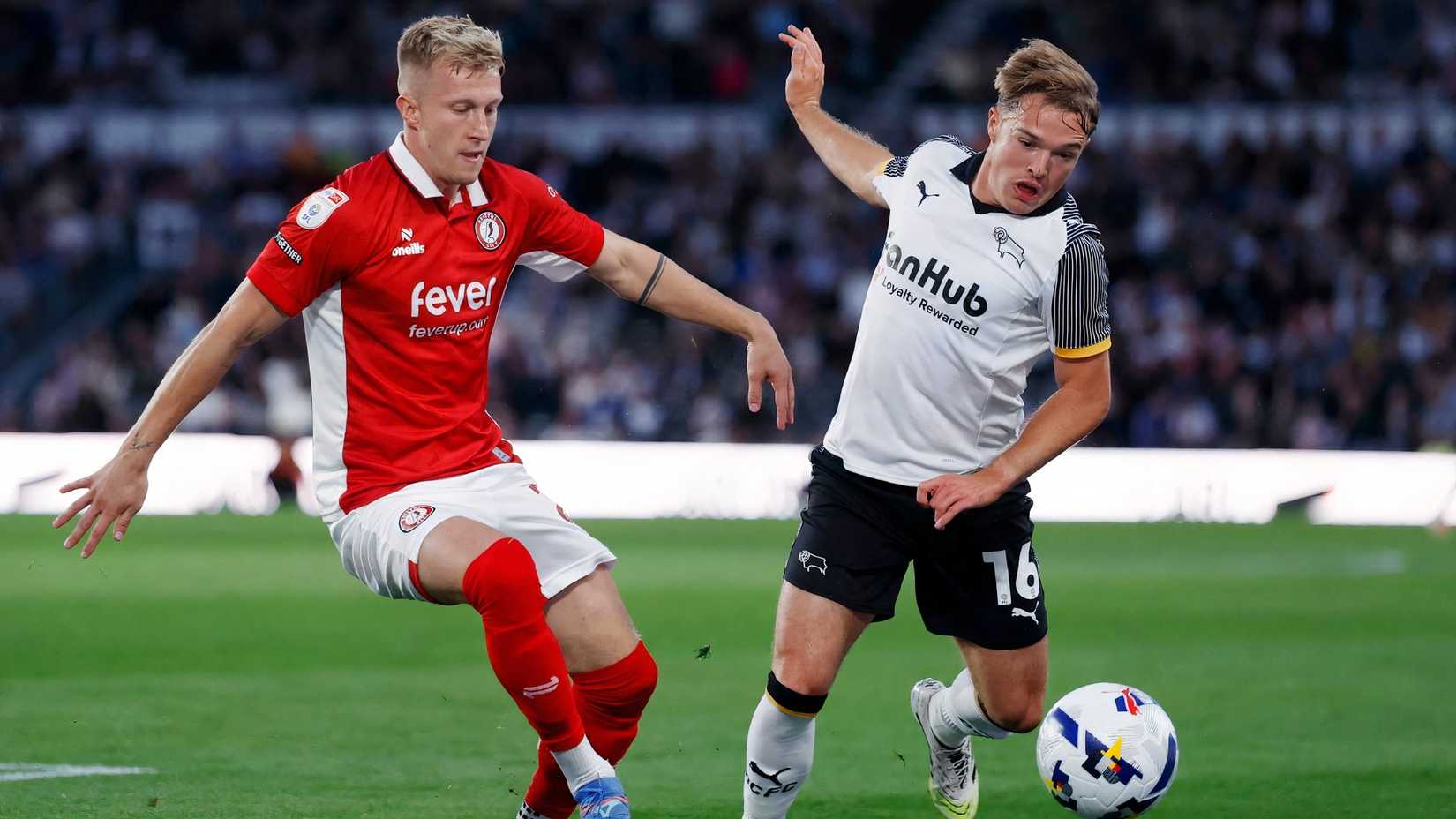 Derby County's Liam Thompson in action with Bristol City's Ross McCrorie
