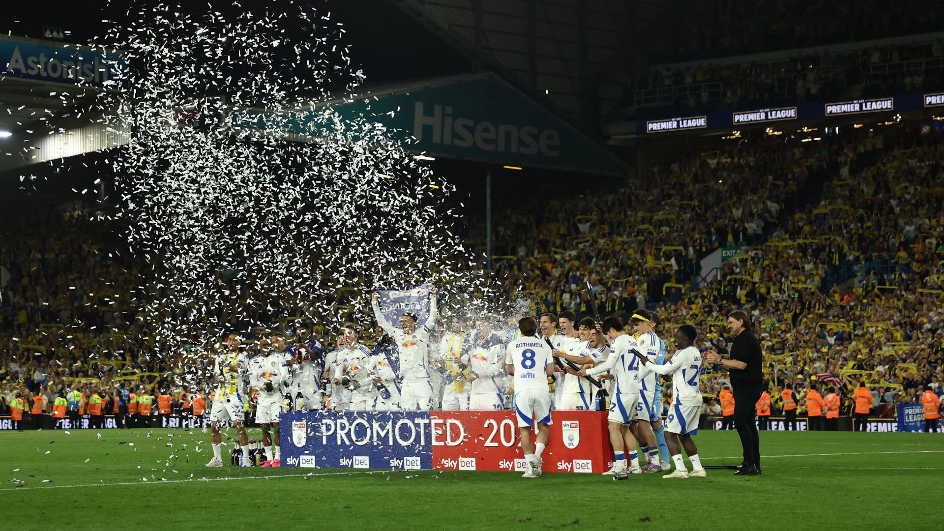 Leeds United celebrate promotion from the Championship in 2025